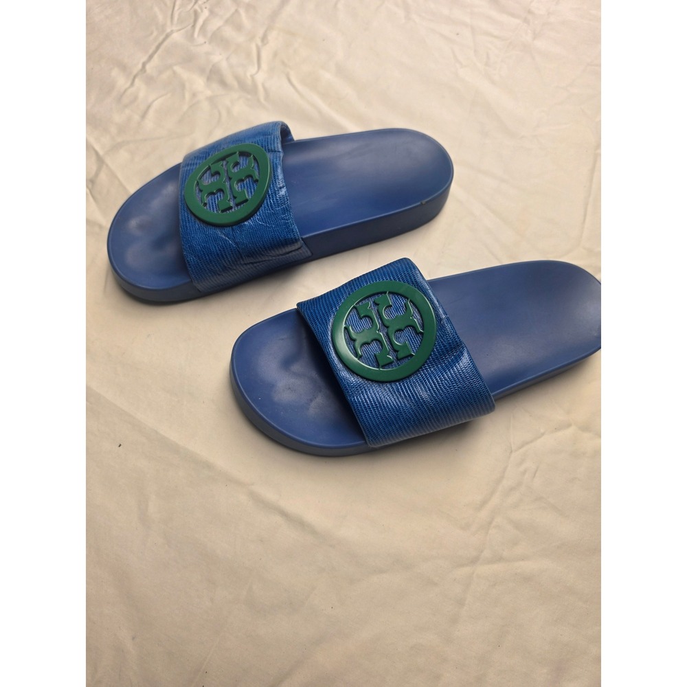 Tory Burch Lina Slide Sandals Womens 7 Blue Green Excellent Lizard Embossed Logo